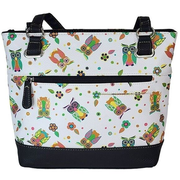 Stone Mountain Bonded Leather Printed Owls Megan Tote Shoulder Handbag 8 Pockets - Picture 11 of 12